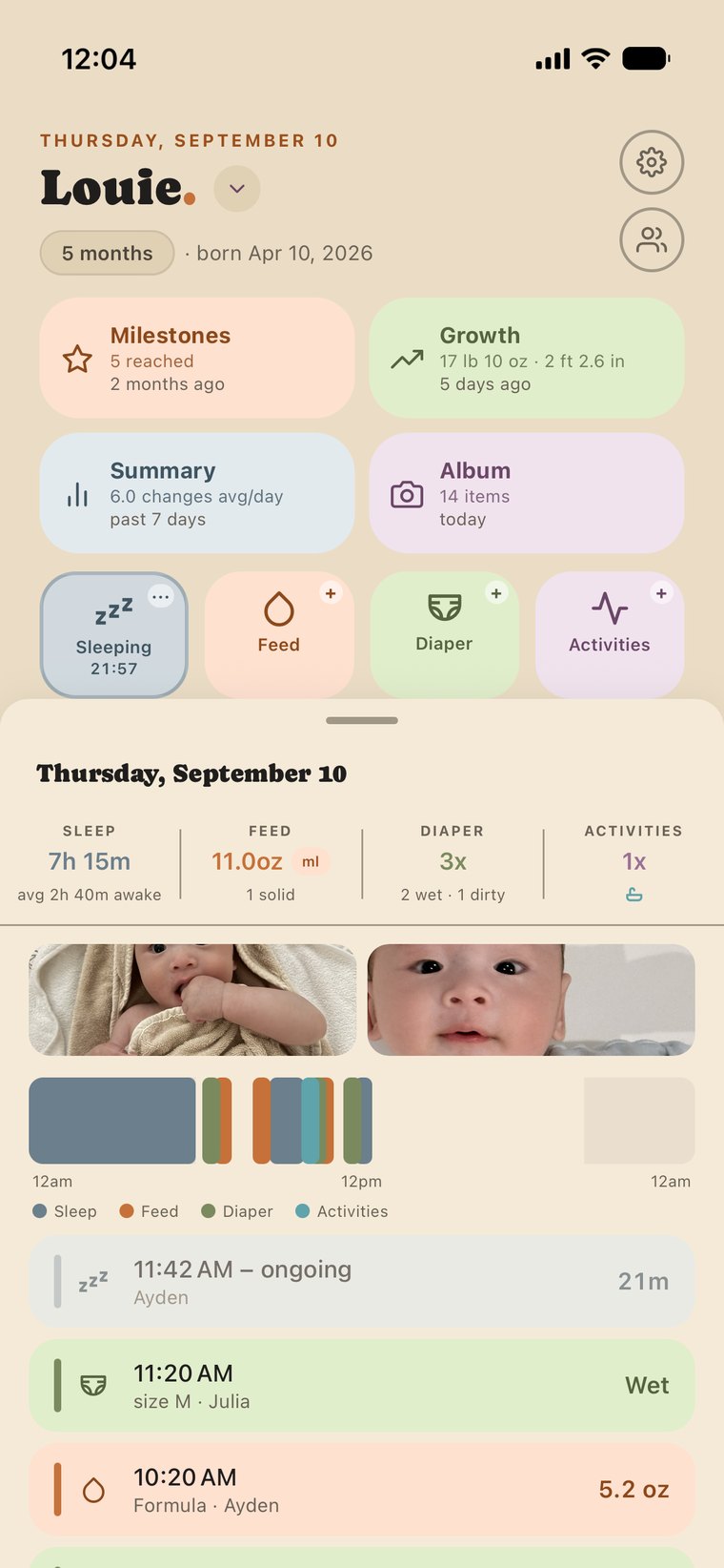 The EMOY home screen: a running sleep timer, the month of logged days, and the day's totals.